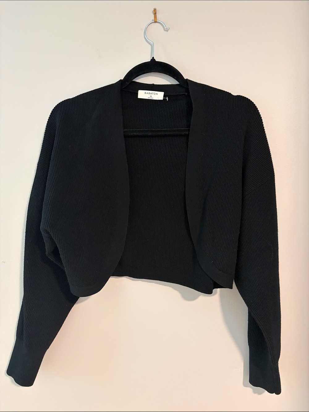 Babaton Black Cropped Open-Front Ribbed Cardigan